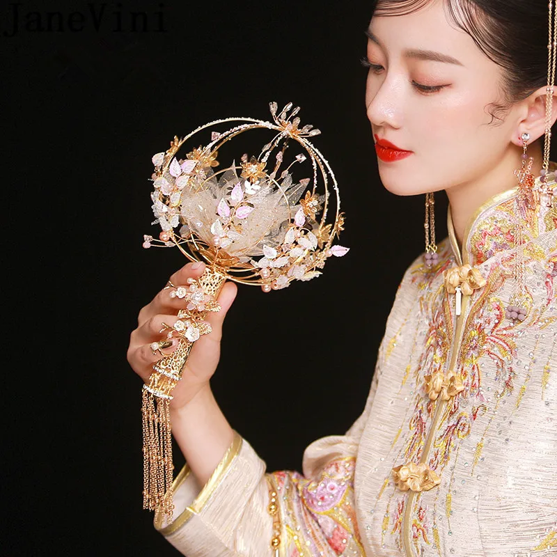

JaneVini Luxury Crystal Bridal Fan Cane Hand Bouquet Chinese Style Ancient Gold Metal Flowers Round Wedding Bouquets Accessories
