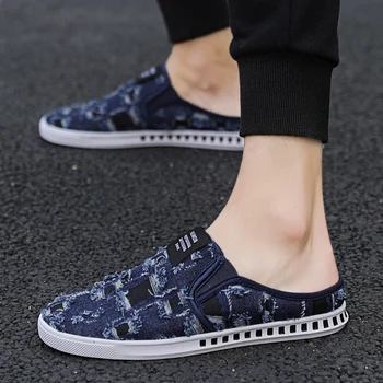 

New Trend Boy Canvas Shoes Half Drag Flats Denim Shoes Men Comfortable Man Sneakers Blue Black Canvas Half slippers For Men