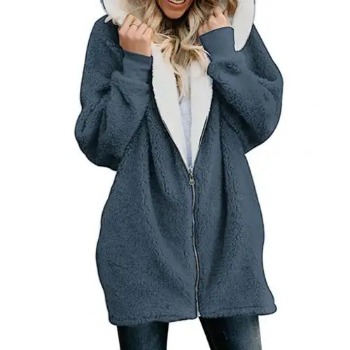 Denim Blue Повседневная Женская куртка с капюшоном размера плюс, пальто, пушистое Стеганое пальто, зимняя теплая длинная куртка на молнии, плюс бархатная плюшевая куртка с капюшоном - Цвет: Denim Blue