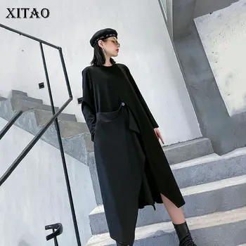 

XITAO Harajuku Plus Size Dress Women Long Sleeve O Neck Loose Mid-length Dresses Hot Silver Letters Irregular Streetwear DMY3144