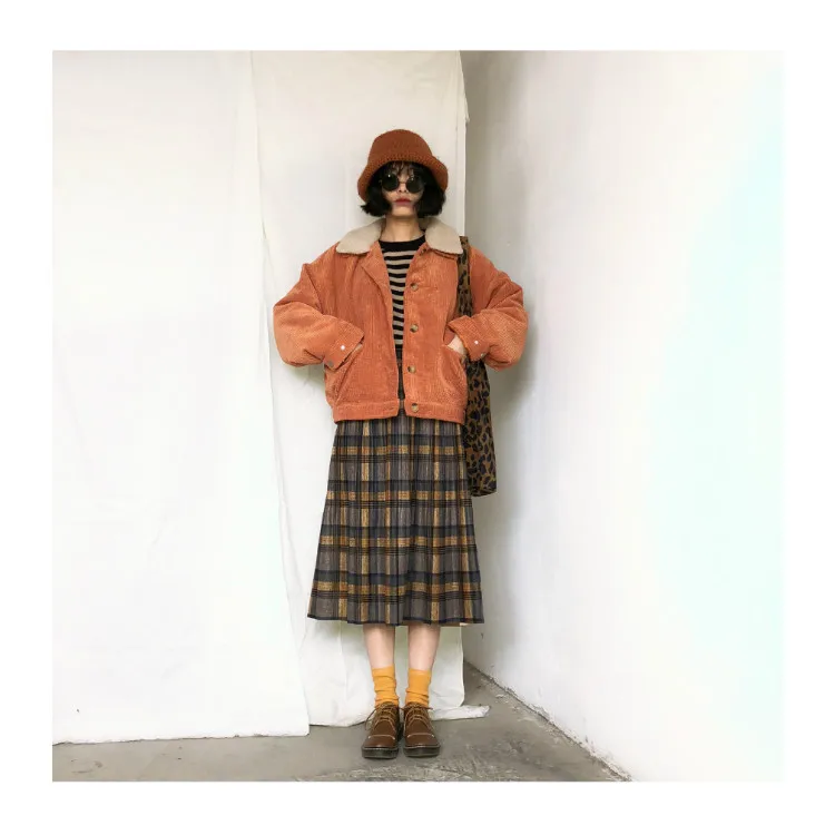 Vintage New Women Thick Warm Autumn Winter Harajuku Plaid Retro Skirt Female Cute Japanese Girls Kawaii Skirts Calf-length