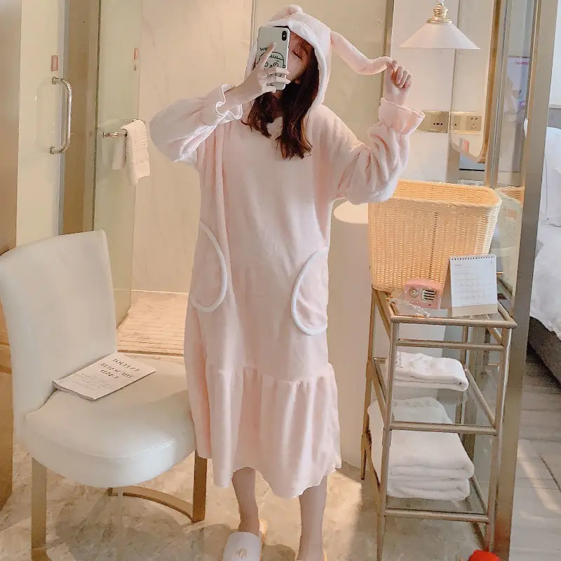 hooded nightgown Зимняя Коралловая флисовая ночная рубашка, теплая ночная рубашка с капюшоном и карманами, длинное платье для сна, Свободная Повседневная Ночная рубашка, XXL, розовая - Color: hooded nightgown