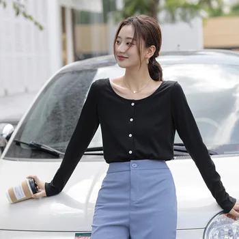 

Round Neck Long-sleeved Shirt Women Casual Shirt Solid Color Single-breasted Spring Slim Blouse 2020 New Red Black