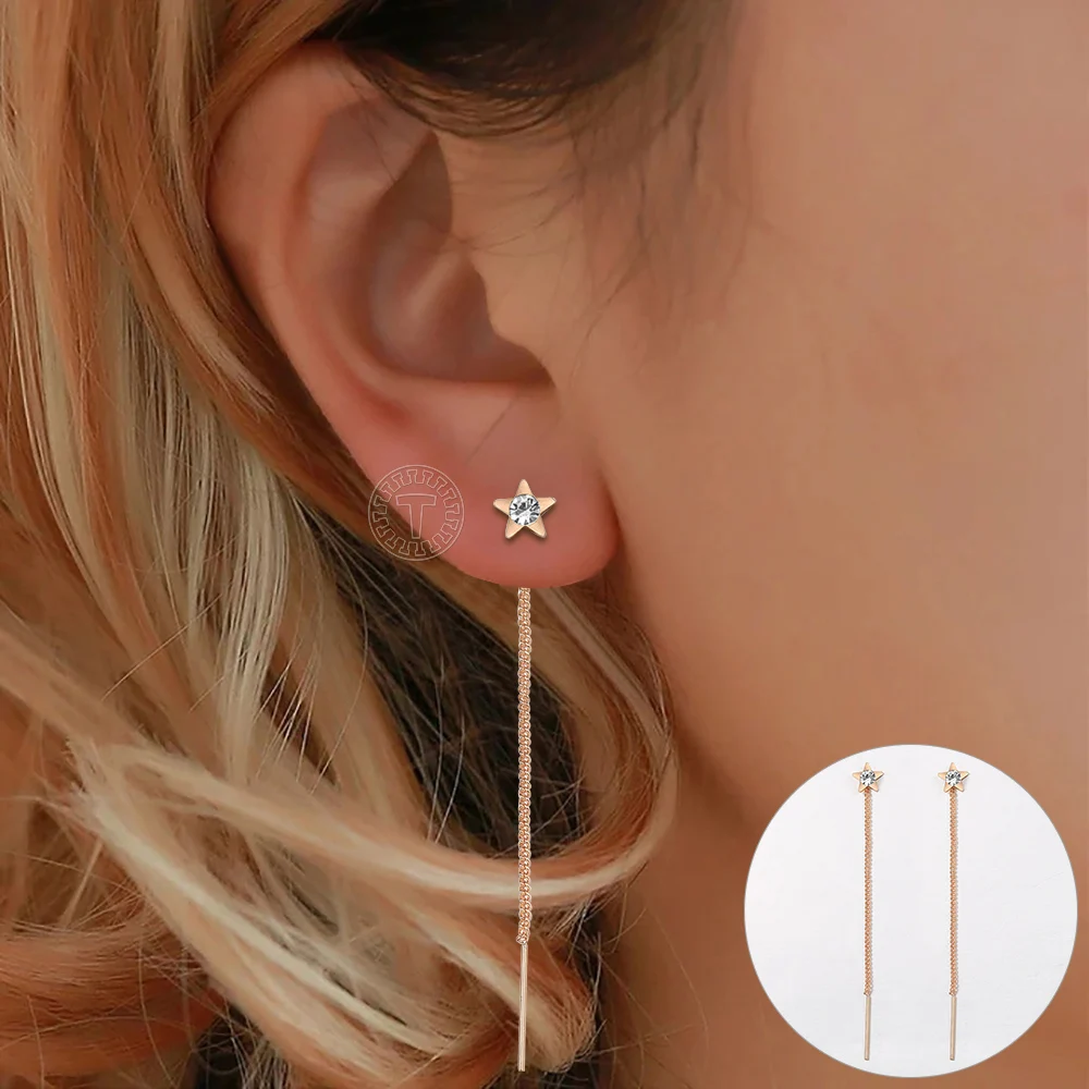 585 Rose Gold Color Long Line Chain Drop Earrings For Women Girls Mini Star Cz Tassel Earring Adjustable Fashion Jewelry Ge345 Drop Earrings Aliexpress