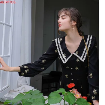 

AIGYPTOS Original Design French Embroidered Lace Doll Collar Retro Little Black High Waist Fairy Forest Long Dress