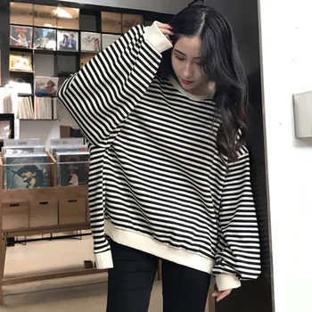

Fashion Autumn Sweatshirts New Long Sleeve Cropped Sweater Sweet Striped Print Bottoming Casual Pullovers Hot