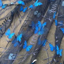 Высококачественная прозрачная 3D сетка синяя кружевная бабочка из ткани Элегантная вышитая ткань для свадебного платья материал DIY аксессуары D735