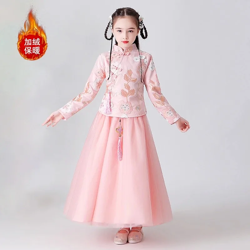 Новинка; Китайский детский костюм Hanfu Disfraz; комплект одежды; сказочный Чонсам; осенне-зимнее платье для выступлений; Королевское Платье принцессы в древнем стиле; Vestido - Цвет: Розовый
