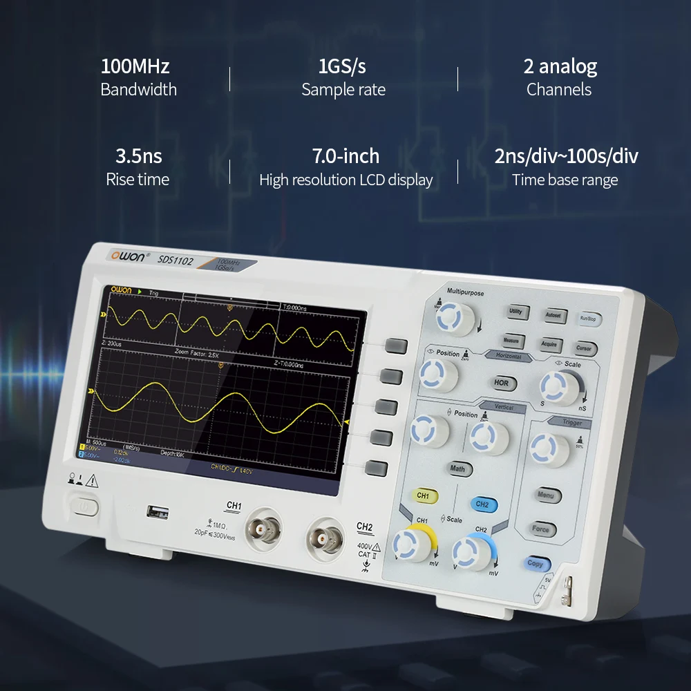 Профессиональный цифровой осциллограф Owon SDS1102 2 канала 100 МГц 1 ОО/с набор
