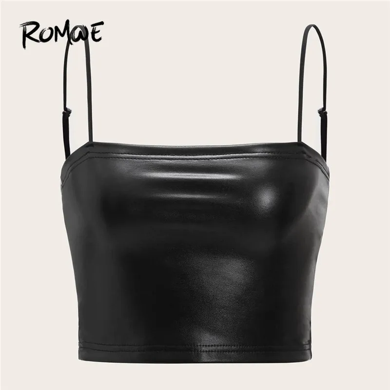 

ROMWE PU Black Cami Crop Top Highstreet Women Clothes Solid Sexy Tops Fall Spring Spaghetti Strap Slim Fit Cami Top