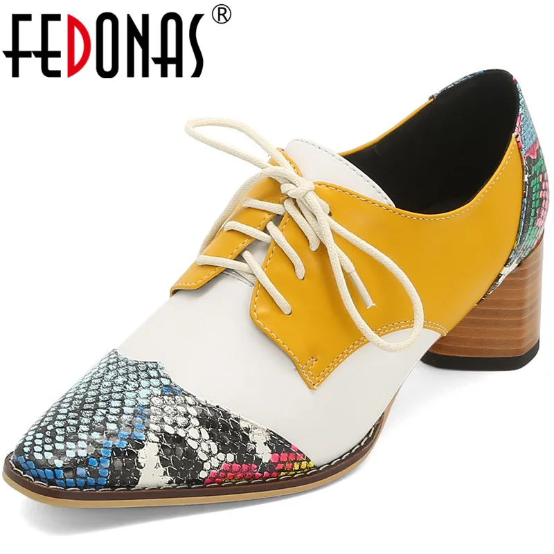 

FEDONAS Colorful Snake Pattern Women Cross Tied Pumps Supper Square Toe Pumps Basic New Arrival Thick Heeled 2020 Shoes Woman