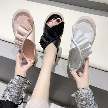 

All-Match Clear Heels Flat Sandal Shoe Beige Heeled Sandals 2020 Women's Low-heeled Shoes With Strap Cross-shoes Anti-Skid Soft