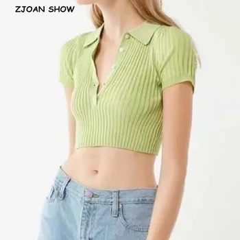

2020 New Women Knitting Striped Line Open Button Lapel Sweater Short Vintage Exposed navel Short Pullover Knitwear Jumper Tops