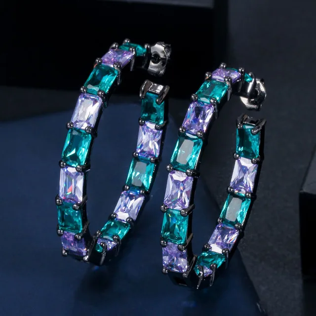 CWWZircons Luxury Designer Brazilian Black Gold Bamboo Big Circle Round Blue CZ Crystal Hoop Earrings Jewelry for Women CZ620 black gold