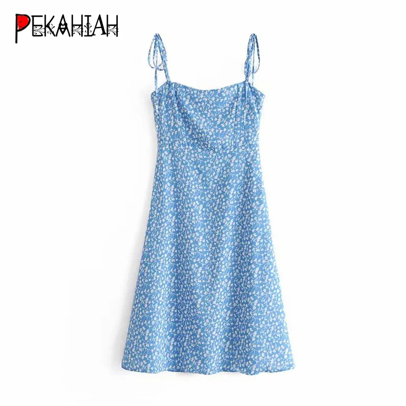 

Vintage blue floral spaghetti strap beach dress women sexy dress boho casual backless party dresses elegant korean vesitdos