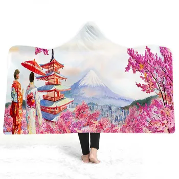 

Free shipping Holiday Gift Scenery Japan Fuji Mountain Buddha Pagoda Hooded Blanket Adults Kids Warm Fleece Travel Sofa Throw