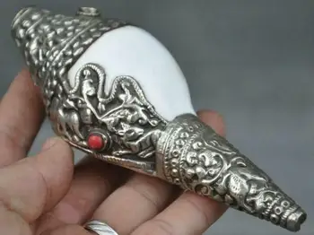 

TIBET BUDDHISM SHELL INLAY TIBETAN SILVER RED CORAL GEM CONCH SHELL TRUMPET HORN