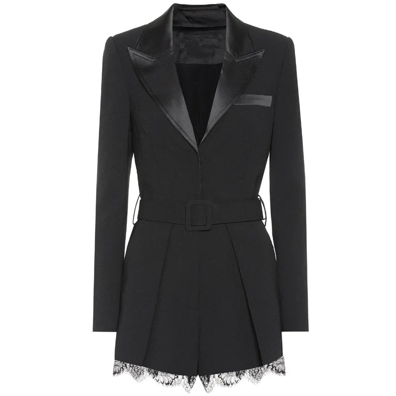 

Goodlishowsi Autumn High End Black Women's Playsuits Deep V-Neck Long Sleeve Belt Lace Patchwork Office Ladies Jumpsuits