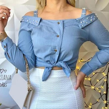 ^^Best Offers Puimentiua 2019 New Shirt Women Sexy Off Shoulder Tops Casual Button Shirts Femme Slim Blue Basic Blouse Mujer Plus Size S-2XL ^^Best Offers Puimentiua 2019 New Shirt Women Sexy Off Shoulder Tops Casual Button Shirts Femme Slim Blue Basic Blouse Mujer Plus Size S-2XL