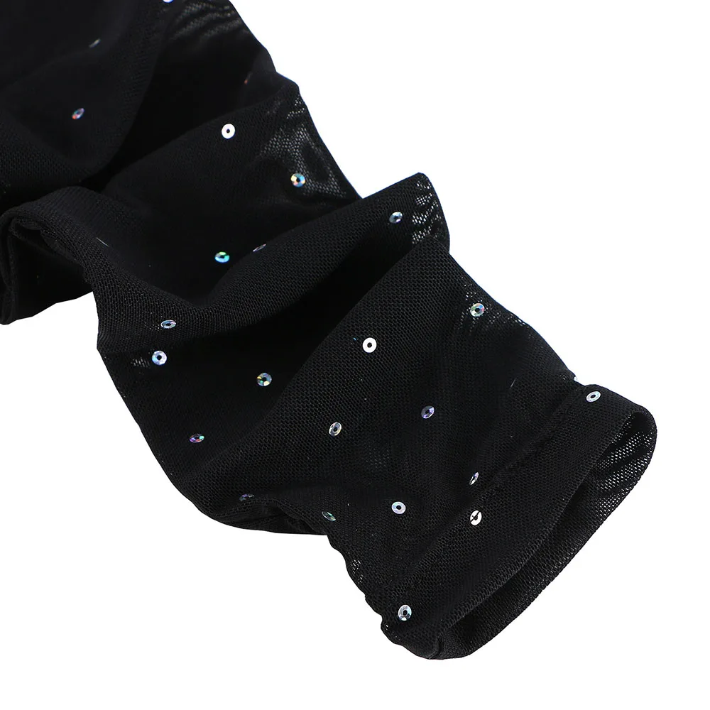 BAOHULU Black Sequins Girls Leotards for Gymnastics Mesh Long Sleeve Jumpsuit Ballet Bodysuit Kids Athletics Training Costume