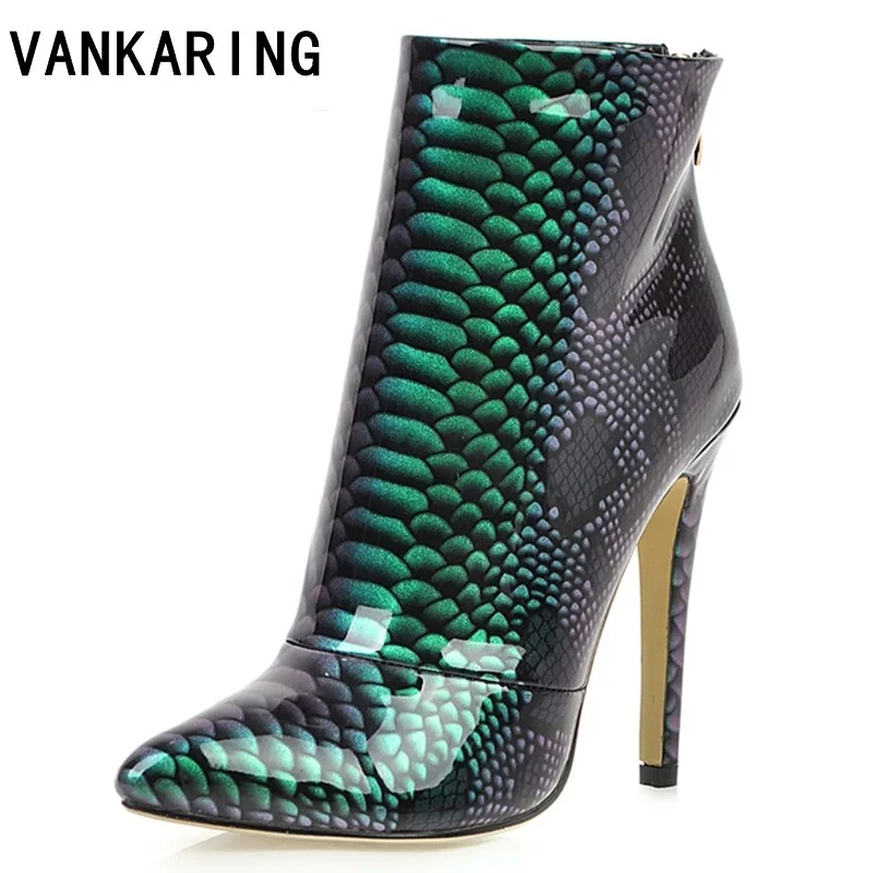 

New women super high heels boots fetish pointed toe shoes zipper ankle boots prom autumn snake print stripper party shoes pumps
