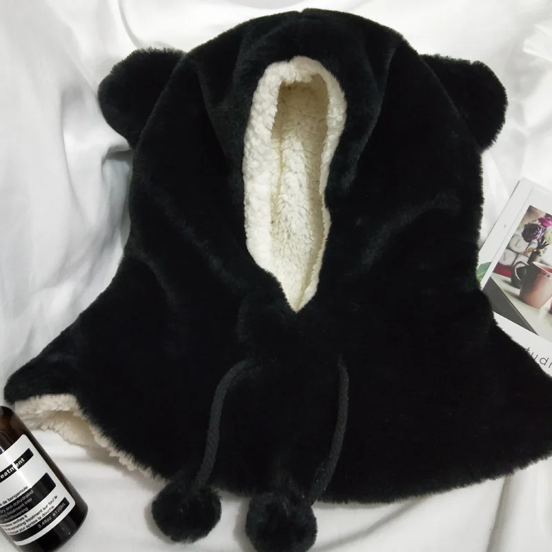 black cap Зимний костюм двойного назначения, женские плюшевые бархатные головные уборы с защитой шеи, шапка с капюшоном, шарф, шапка, комплект из одного предмета, Детская шапка-бомбер для девочек - Цвет: black cap