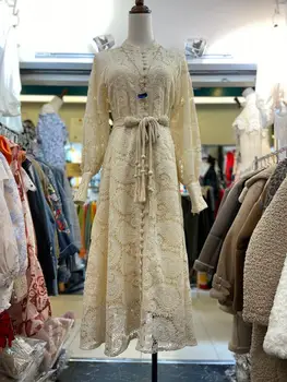 

Women Catwalk Trend Sexy Hollow Lace Dress Lantern Sleeve A line Autumn Winter HIgh Quality Luxury Dress Women