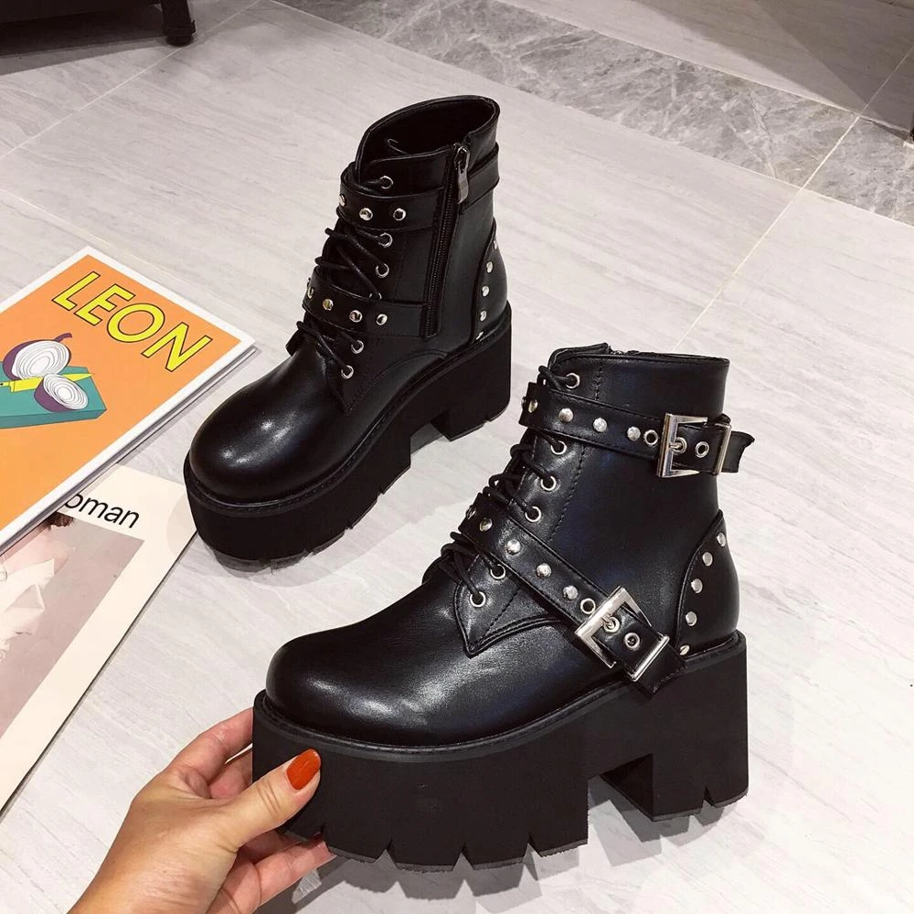 Botines de mujer plataforma de otoño invierno 2019 botas de punta con cordones zapatos de tacón alto para mujer góticas Punk| | - AliExpress