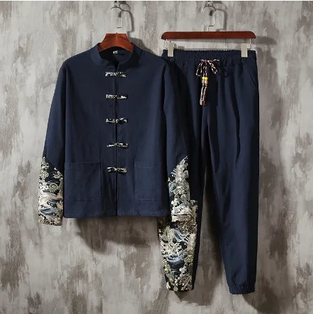 

Chinese Style Retro Tang Suit Cotton Linen Patchwork Suit Plus Size Printed Hanfu Men Clothing Print Clothes 5XL Male