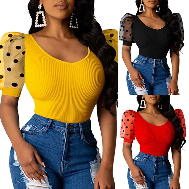 Women Sheer Mesh Puff Sleeve Blouse Shirts Women Summer Blusas Female Pullovers Elegant New See Through