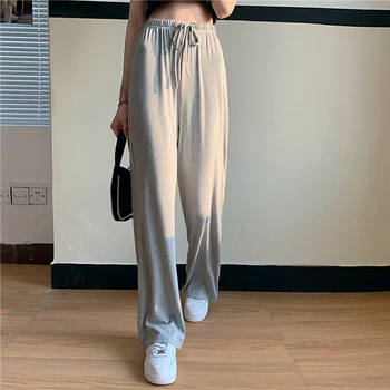 

HOUZHOU Korean Wide Leg Pants Women 2020 Summer New High Waist Trousers Women Fashion Casual Wide Pants Grey Black Dropshipping