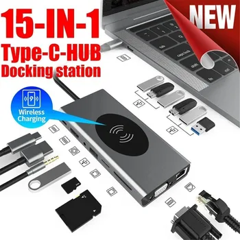 

Triple Display USB C Hub 15 in 1 HDMI RJ45 VGA USB HUB 3.0 Adapter Dock for MacBook Pro Card Reader USB Splitter Type C USB HUB