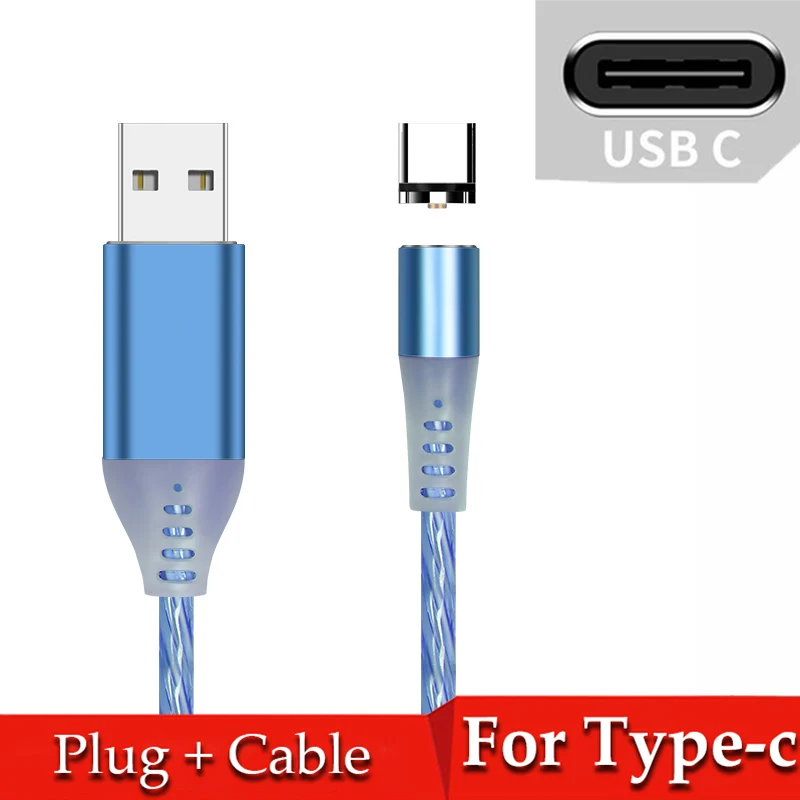 Магнитный кабель type C Магнитный светодиодный светильник Micro usb провод шнур USB C поток светящийся Быстрая зарядка для iPhone 11Pro XR samsung - Цвет: Blue for Type-c