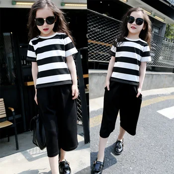 

2020 new girls summer short sleeve pants suit striped Bigfoot pants wide leg pants suit