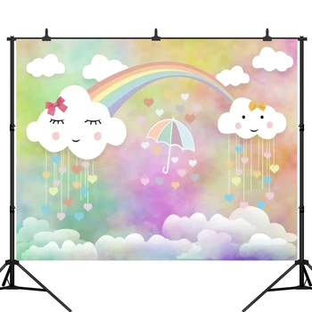 

Cartoon Cloud Rain Drops Rainbow Photography Backgrounds Baby Shower Newborn Birthday Party Photographic Backdrops
