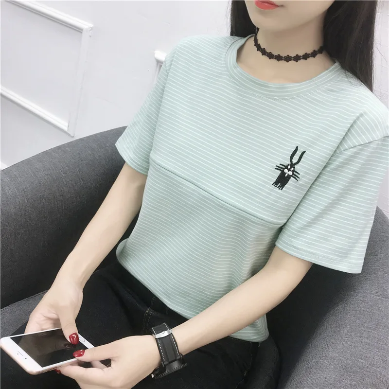 

2018 Summer Fashion Go out Lactation Garment T-shirt Korean-style Stripes Embroidered Pattern Versatile Nursing Clothes