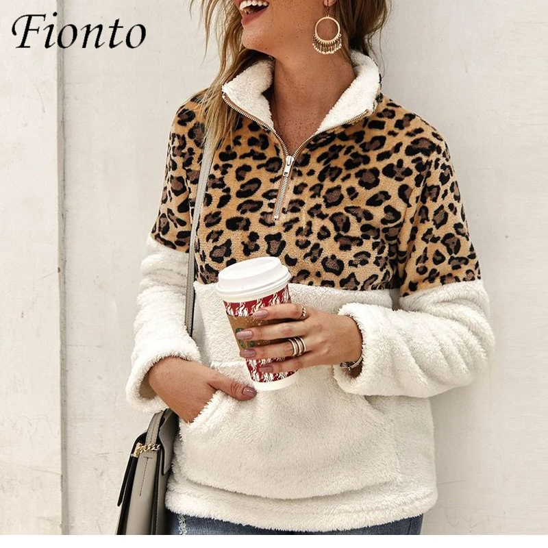

Fionto 2019 Autumn Winter Women Sweater Fashion Leopard Patchwork Fluffy Thick Sweaters Warm Zipper Pullovers Women Winter Coat