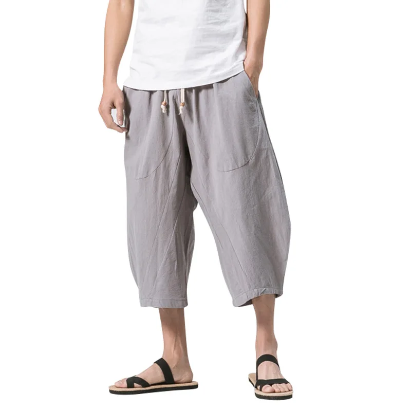 

Quality Mens Casual Pants Loose Large Size Wide Leg Pant Comfortable Simple Drawstring 100% Cotton Cropped Trousers Cozy Trend