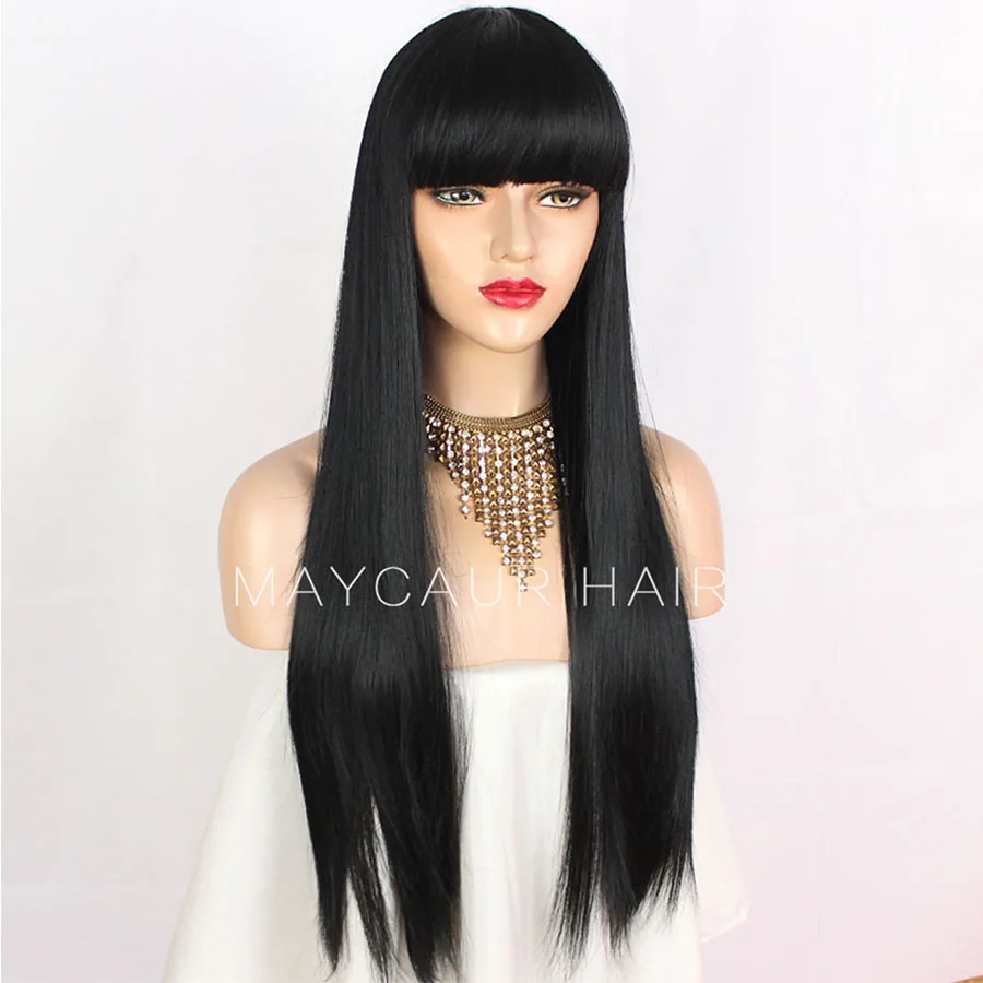 Long Straight None Lace Front Wig for Women Synthetic Black Hair Wigs with Full Bangs Glueless Heat Resistant Fiber Hair-Maycaur (3)