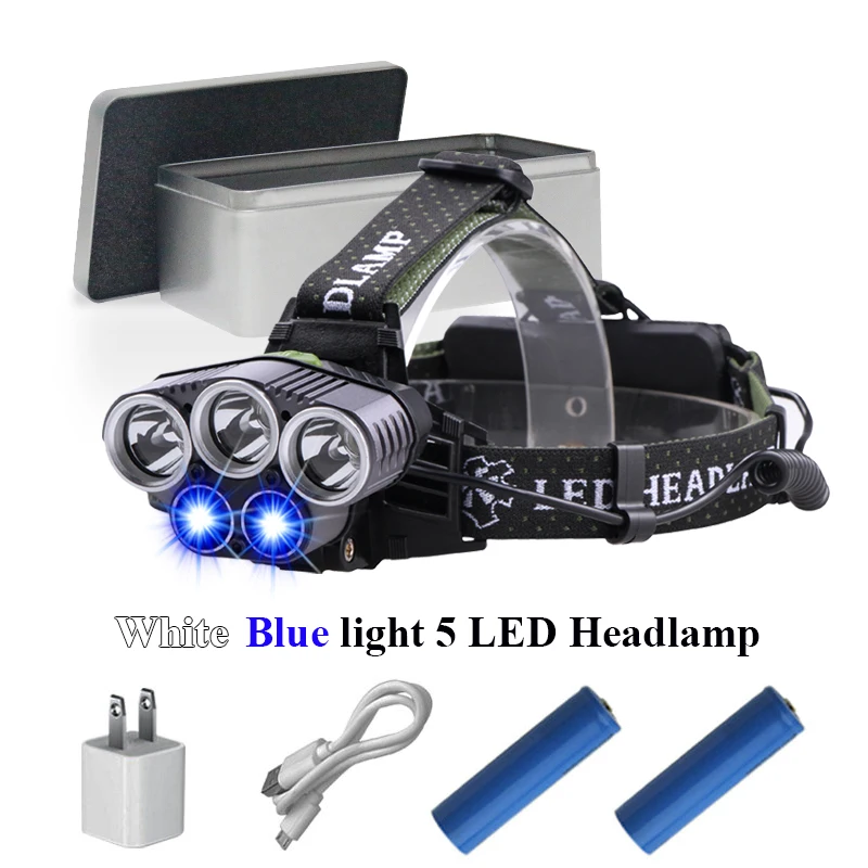 

Blue light white Fishing light rechargeable 5 led headlight USB LED headlamp CREE XML T6 XPE Q5 flashlight head torch head lamp