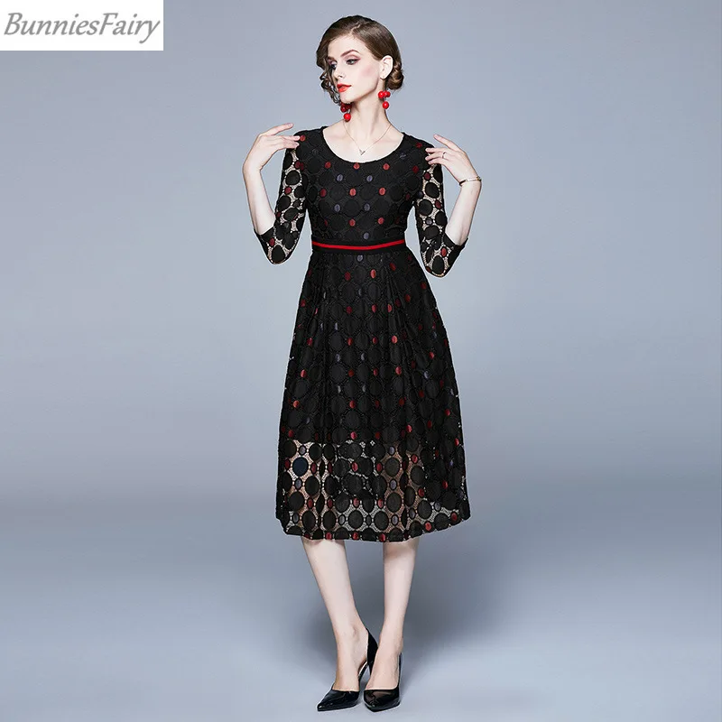 BunniesFairy осеннее женское элегантное вязанное крючком Ажурное черное кружевное платье с рукавом три четверти в красный горошек облегающее приталенное платье размера плюс