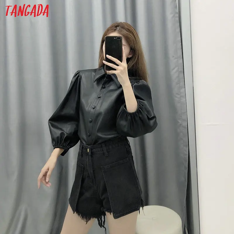  Tangada women faux leather black shirts 2019 new arrival Lantern sleeve vintage female oversize blo