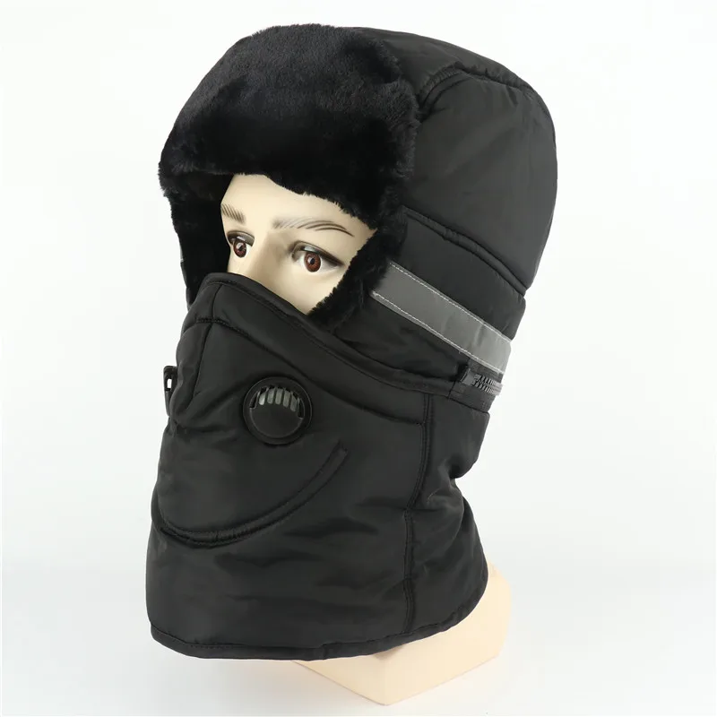 Зимняя шапка для мужчин и женщин, шапка-бомбер с шарфом, противодымчатая маска, русская ушанка, теплая шапка-ушанка, шапка-ушанка, Лыжная Балаклава - Цвет: Black