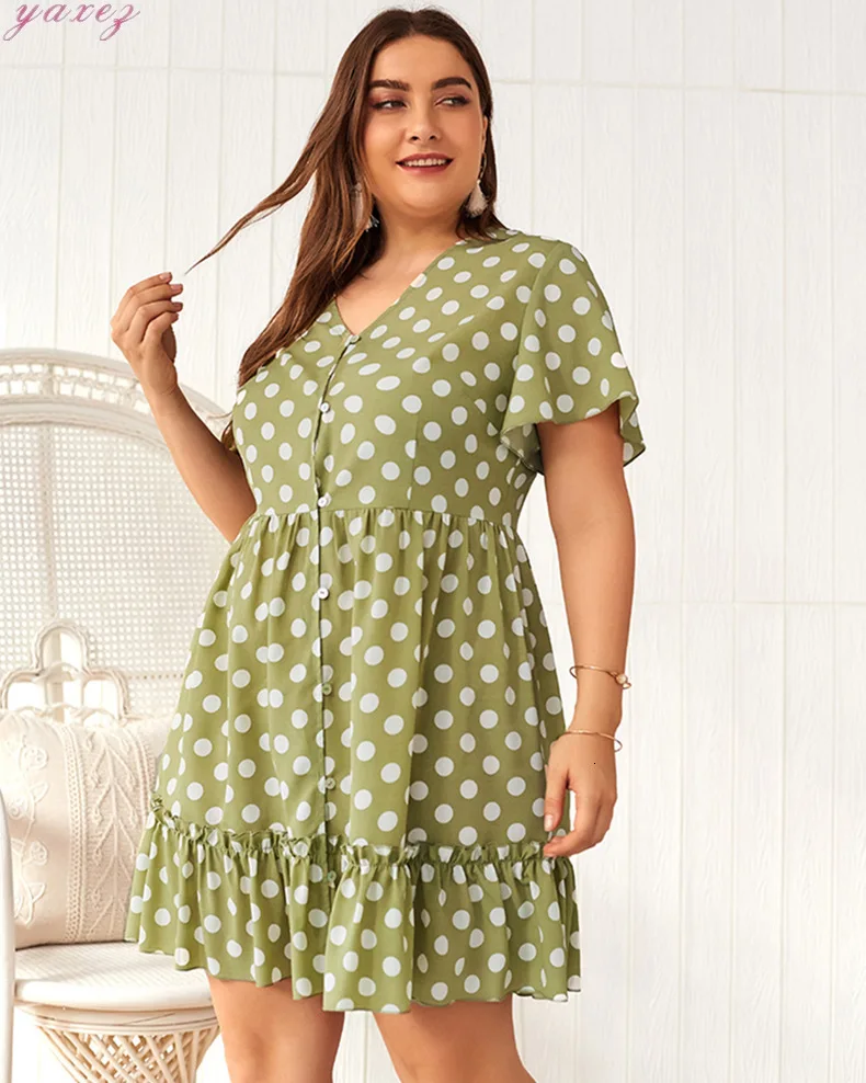 Женское летнее платье размера плюс, повседневный элегантный сарафан с коротким рукавом, сексуальное платье на пуговицах, с рюшами, v-образный вырез, в горошек, пляжное платье для женщин