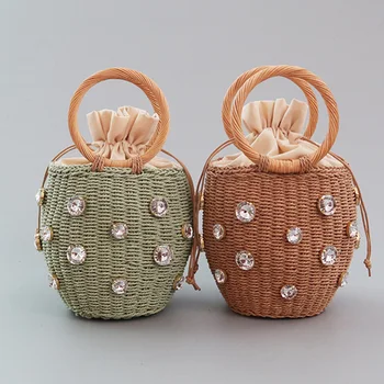 2021 neue handgemachte Strass Kristall verzierte Strohs ack kleine Eimer Dame Reise Geldbörsen und Handtaschen — изображение 2