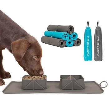 

Silicone Collapsible Double Pet Bowl Dog Cat Feeding Water Bowl Non-Skid Silicone Mat Outdoor Travel Family Dog Feeding Pad