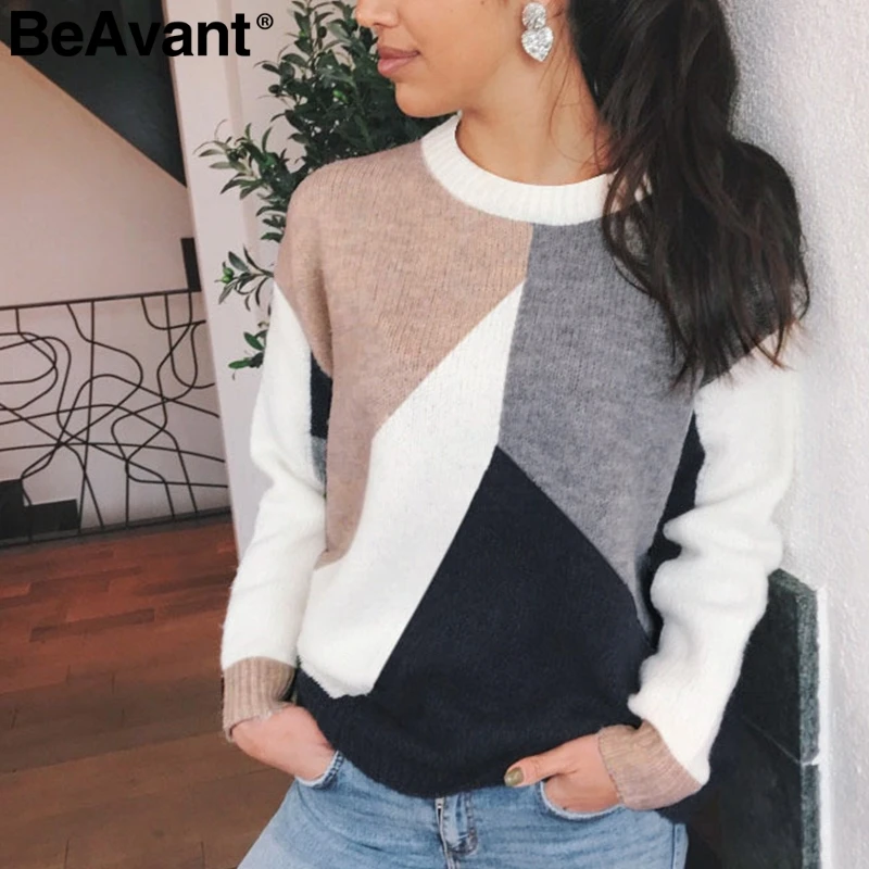 Skup BeAvant Casual sweter z dekoltem w serek sweter z dzianiny patchwork sweter z długim rękawem dla kobiet 2019 anglia ladies chic ciepły zimowy sweter