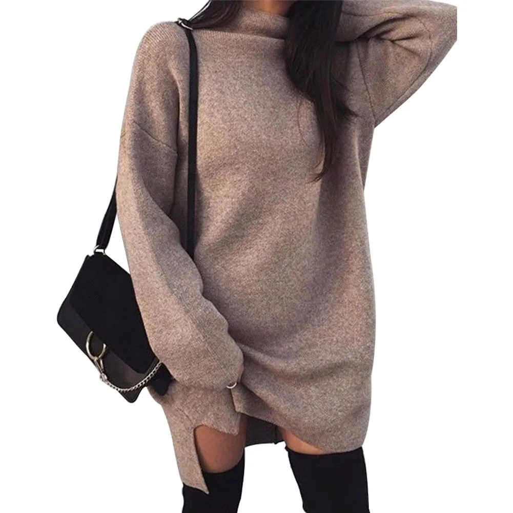 

Women All Match Warm Knee Length Sweater Pullover Casual Autumn Winter Soft Slit Hem