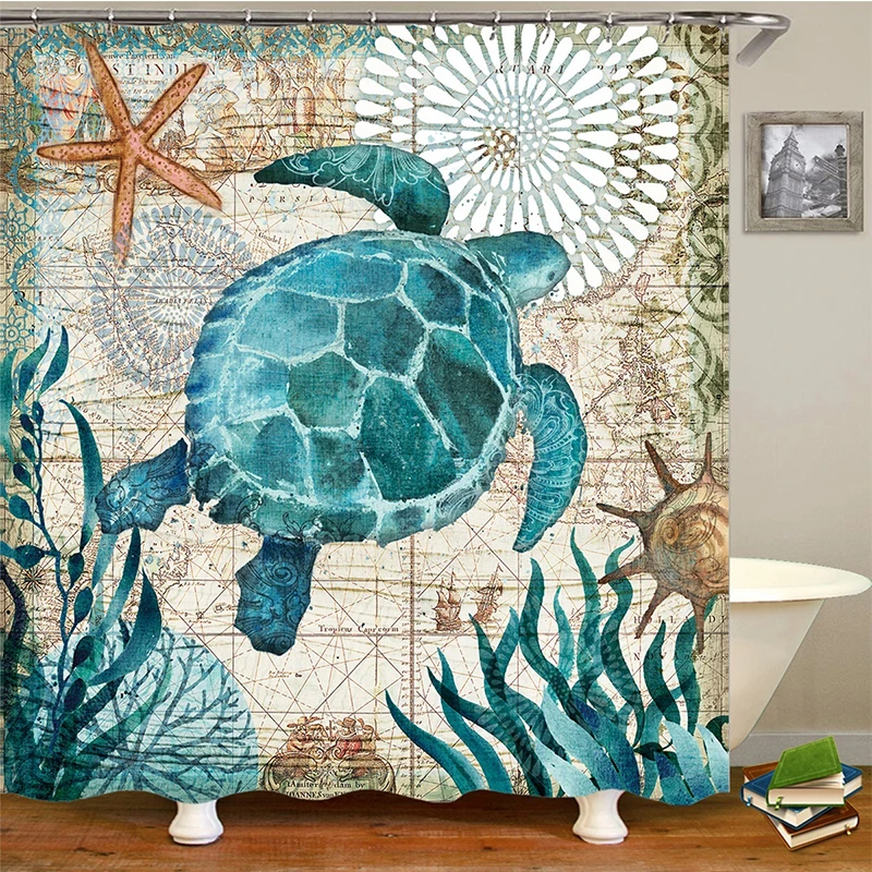 Занавеска для ванной комнаты морская черепаха печать прочный водонепроницаемый полиэстер наборы занавесок для ванной зеленые растения занавеска для ванной