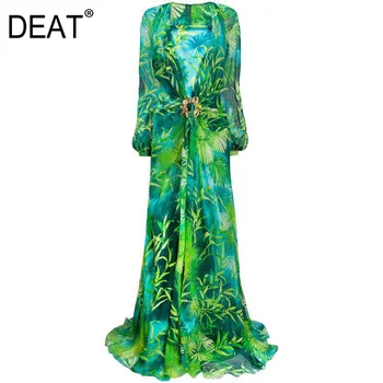 

DEAT 2020 new summer and autumn V-neck high waist lantern sleeves floor length green printed long dress female vestido WN37506XL